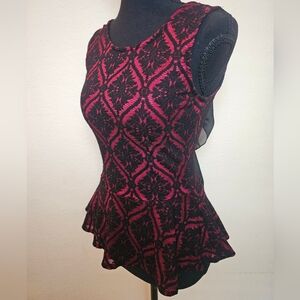 Black and Red Textured Peplum Bow Back Top